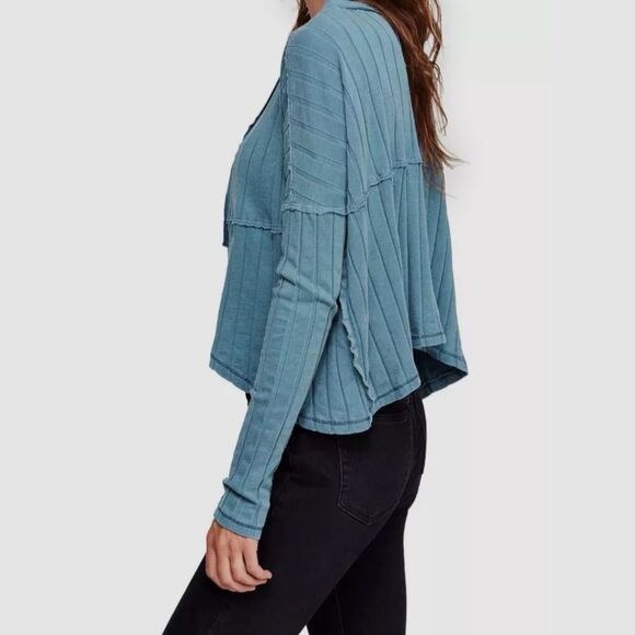 Free People In The Mix Ribbed Henley Top in Ocean Blue - Picture 3 of 12